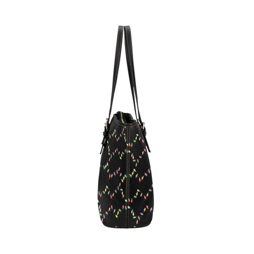 Festive Christmas Lights on Black Leather Tote Bag/Small (Model 1651)