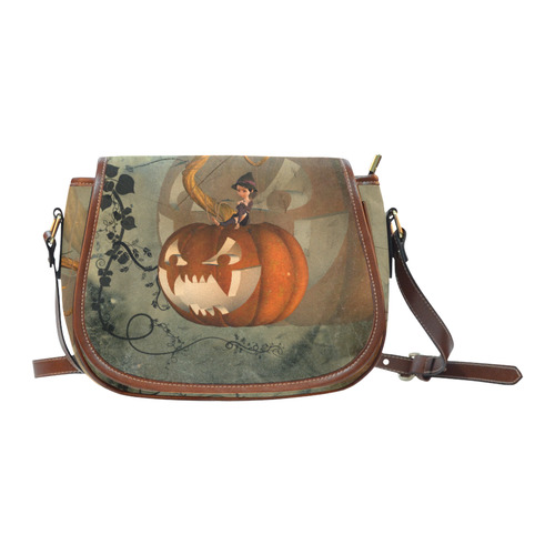 Halloween, funny pumpkin with witch Saddle Bag/Small (Model 1649) Full Customization