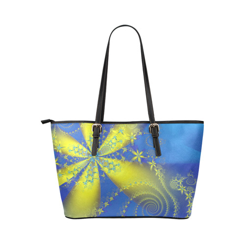 Flower Galaxies Blue Yellow Fractal Art Leather Tote Bag/Small (Model 1651)