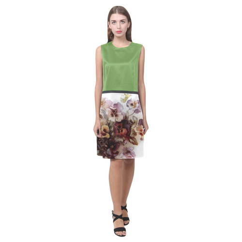 Vintage Pansy Floral Green Eos Women's Sleeveless Dress (Model D01)