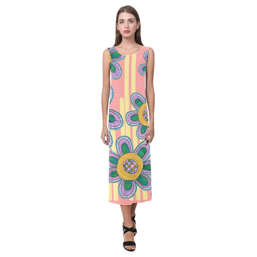 Colorful Flowers and Lines Phaedra Sleeveless Open Fork Long Dress (Model D08)