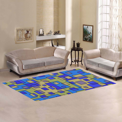 Blue Beige Abstract Square Area Rug 7'x3'3''