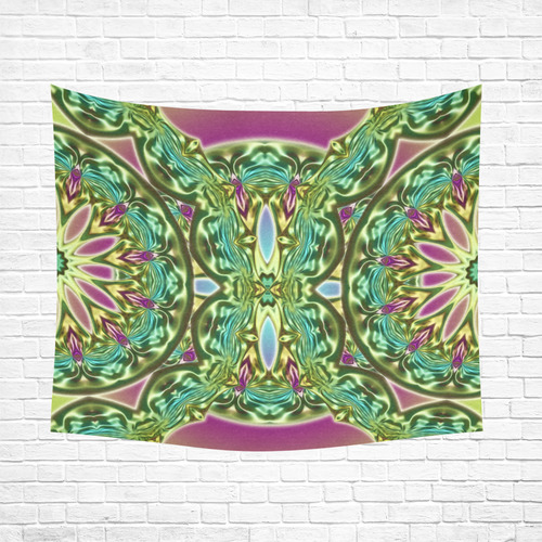 One and two half MANDALA green magenta cyan Cotton Linen Wall Tapestry 60"x 51"