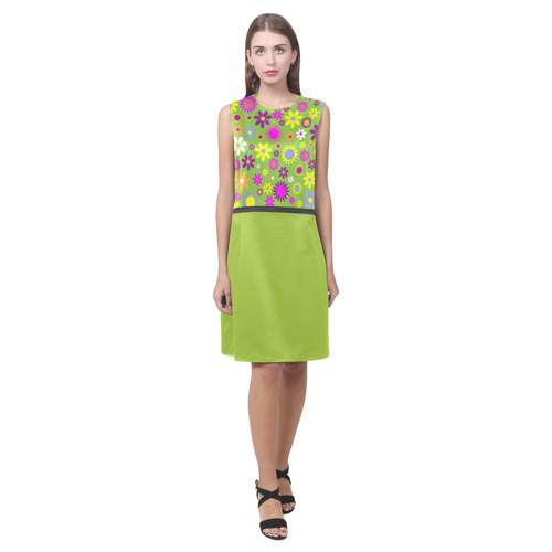 Retro Flower Power Lime Eos Women's Sleeveless Dress (Model D01)