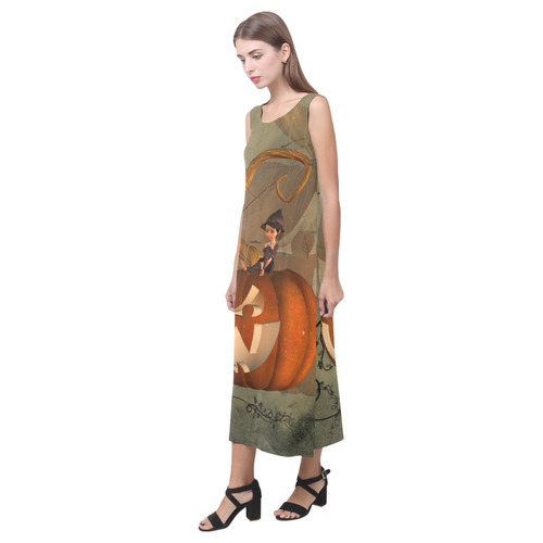 Halloween, funny pumpkin with witch Phaedra Sleeveless Open Fork Long Dress (Model D08)