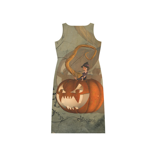Halloween, funny pumpkin with witch Phaedra Sleeveless Open Fork Long Dress (Model D08)