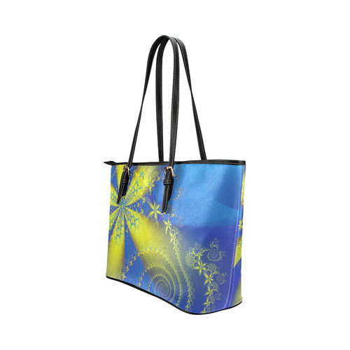 Flower Galaxies Blue Yellow Fractal Art Leather Tote Bag/Small (Model 1651)