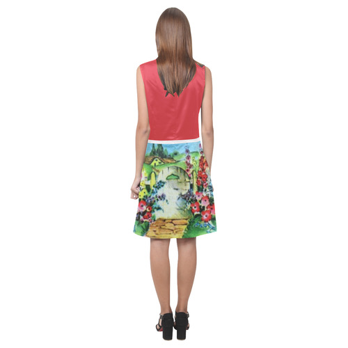 Poppy Red and Vintage Country Flower Garden Gate Eos Women's Sleeveless Dress (Model D01)
