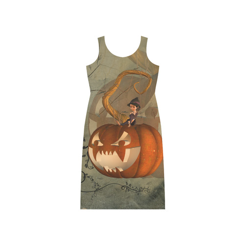 Halloween, funny pumpkin with witch Phaedra Sleeveless Open Fork Long Dress (Model D08)