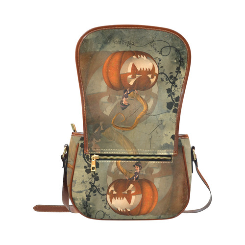 Halloween, funny pumpkin with witch Saddle Bag/Small (Model 1649) Full Customization