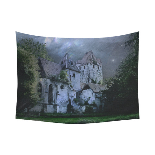 Creepy gothic halloween haunted castle in night Cotton Linen Wall Tapestry 80"x 60"