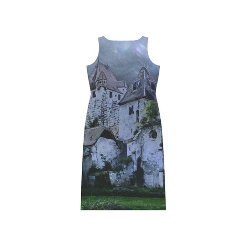 Creepy gothic halloween haunted castle in night Phaedra Sleeveless Open Fork Long Dress (Model D08)