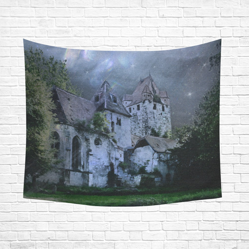 Creepy gothic halloween haunted castle in night Cotton Linen Wall Tapestry 60"x 51"
