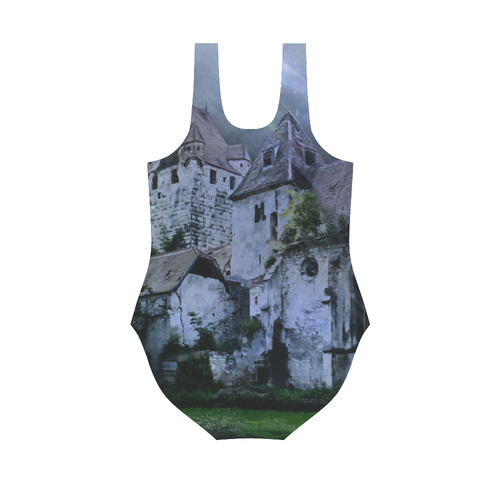 Creepy gothic halloween haunted castle in night Vest One Piece Swimsuit (Model S04)