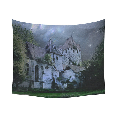Creepy gothic halloween haunted castle in night Cotton Linen Wall Tapestry 60"x 51"