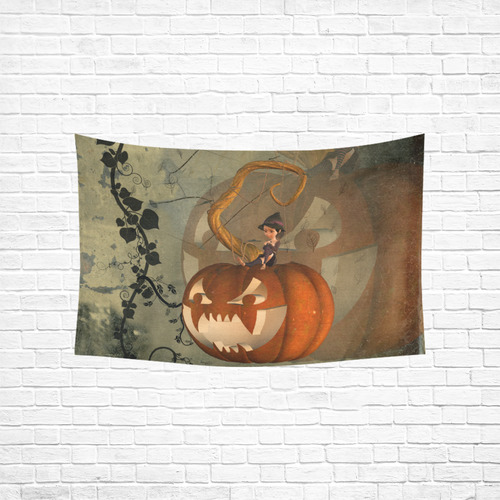 Halloween, funny pumpkin with witch Cotton Linen Wall Tapestry 60"x 40"