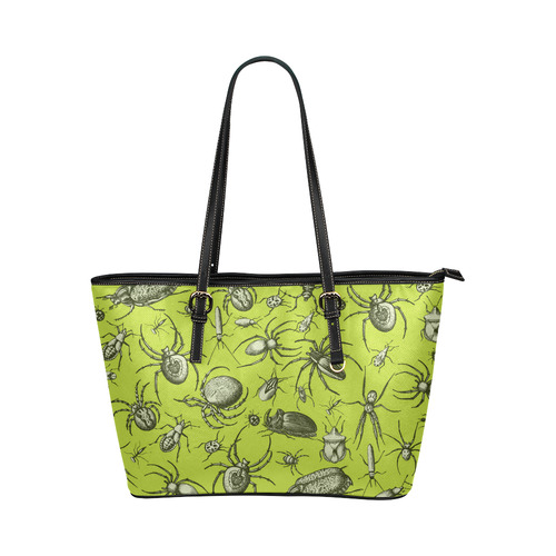 bugs spiders creepy crawlers halloween green Leather Tote Bag/Large (Model 1651)