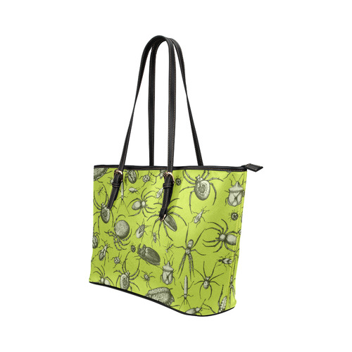 bugs spiders creepy crawlers halloween green Leather Tote Bag/Large (Model 1651)