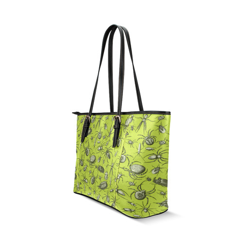 bugs spiders creepy crawlers halloween green Leather Tote Bag/Small (Model 1640)