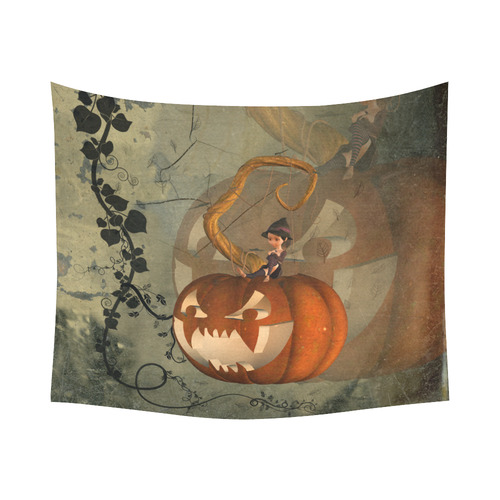 Halloween, funny pumpkin with witch Cotton Linen Wall Tapestry 60"x 51"