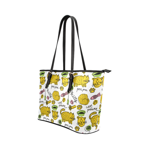 Cute Kitty Cat Power Pattern Leather Tote Bag/Large (Model 1651)