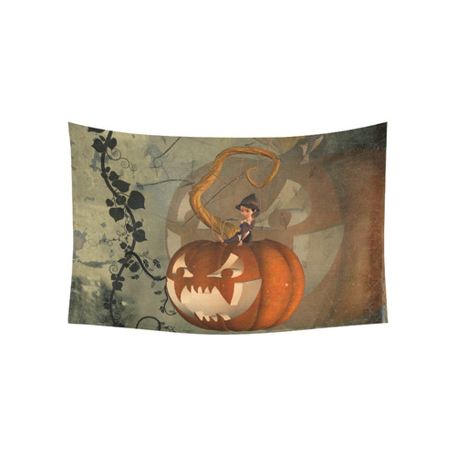 Halloween, funny pumpkin with witch Cotton Linen Wall Tapestry 60"x 40"