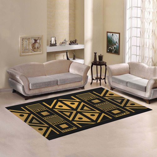 Metallic Golden Ethnic Abstract Design 2 - Black Area Rug7'x5'