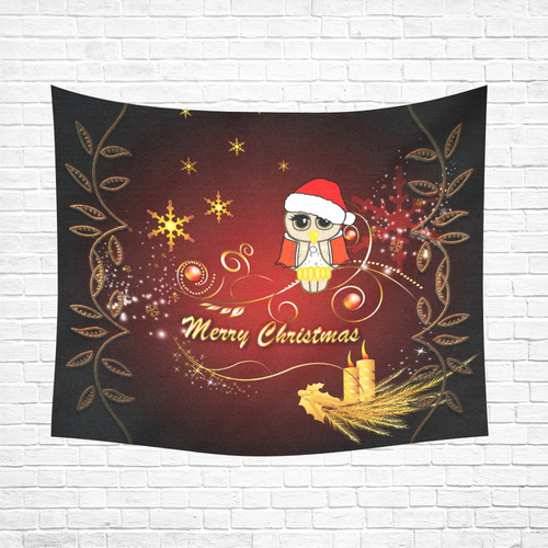 Cute christmas owl on red background Cotton Linen Wall Tapestry 60"x 51"
