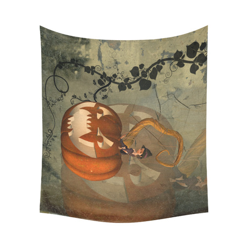 Halloween, funny pumpkin with witch Cotton Linen Wall Tapestry 60"x 51"