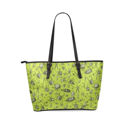 bugs spiders creepy crawlers halloween green Leather Tote Bag/Large (Model 1640)