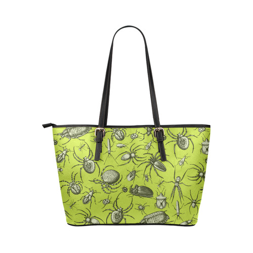 bugs spiders creepy crawlers halloween green Leather Tote Bag/Large (Model 1651)