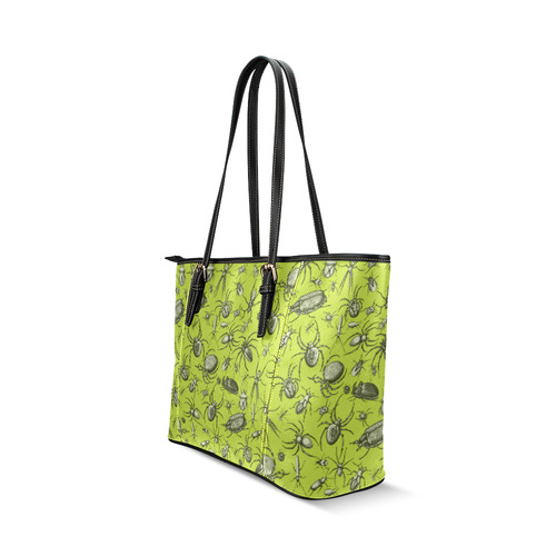 bugs spiders creepy crawlers halloween green Leather Tote Bag/Large (Model 1640)