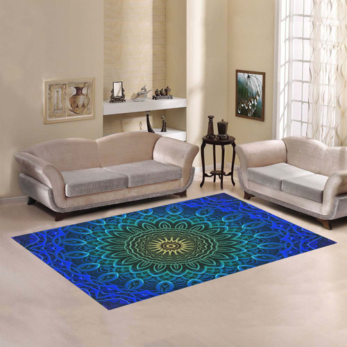 3-D Fractal Mandala in Deep Blue/Green/Yellow Area Rug7'x5'