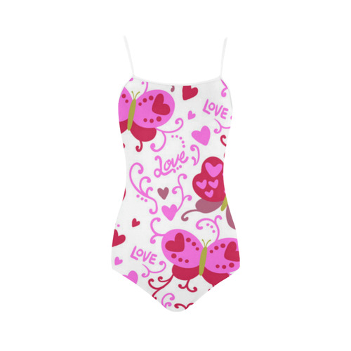 Cute Pink Hearts Butterfly Love Pattern Strap Swimsuit ( Model S05)