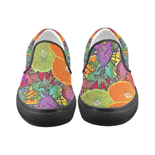 Pop Art Pattern Mix ORANGES SPLASHES multicolored Women's Unusual Slip-on Canvas Shoes (Model 019)