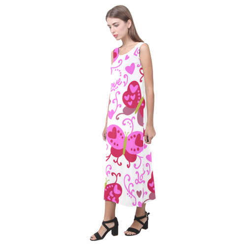Cute Pink Hearts Butterfly Love Pattern Phaedra Sleeveless Open Fork Long Dress (Model D08)