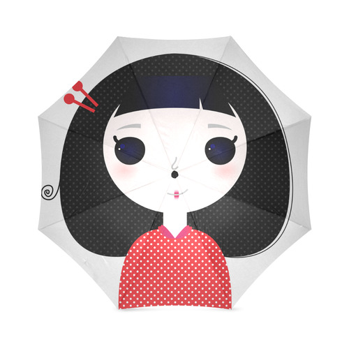 Japanese original hand-drawn Girl on Umbrella : dotted red dots and black. Original Gift for woman Foldable Umbrella (Model U01)