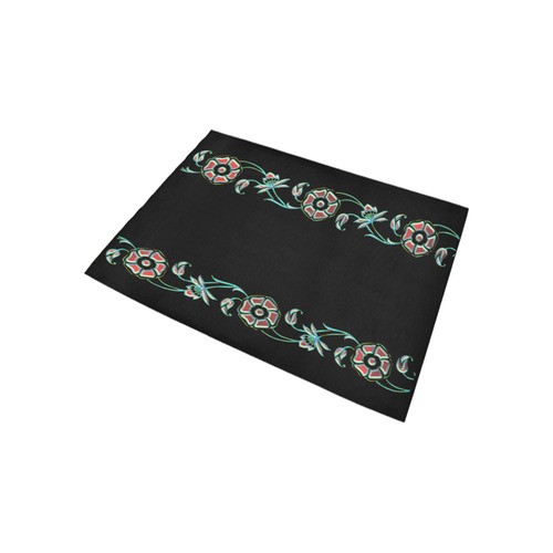 Metallic Multicolored Rainbow Flowers Border on Licorice Black Area Rug 5'3''x4'