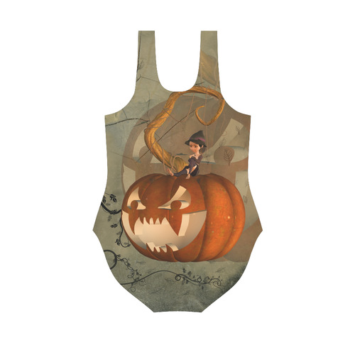 Halloween, funny pumpkin with witch Vest One Piece Swimsuit (Model S04)