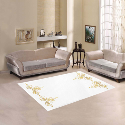 Metallic Golden 3-D-Look Fleur Di Lis Border on Snowy White Area Rug 5'3''x4'