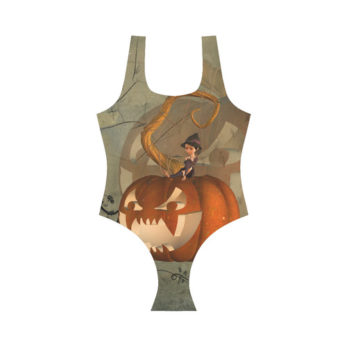Halloween, funny pumpkin with witch Vest One Piece Swimsuit (Model S04)