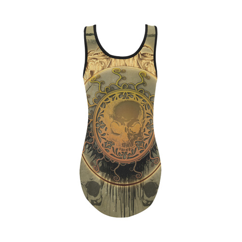 Awesome skulls on round button Vest One Piece Swimsuit (Model S04)