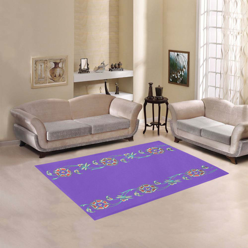 Metallic Multicolored Rainbow Flowers Border on Passionate Purple Area Rug 5'3''x4'