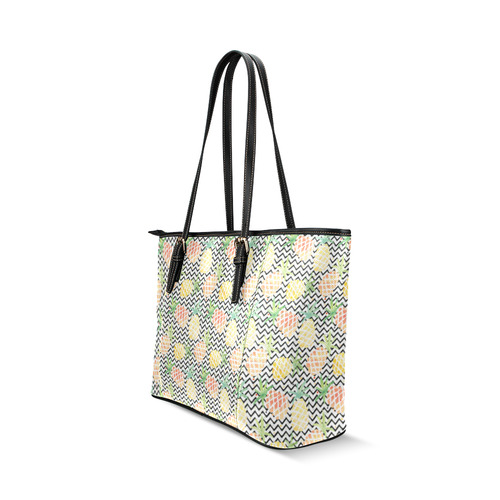 watercolor pineapple and chevron, pineapples Leather Tote Bag/Large (Model 1640)