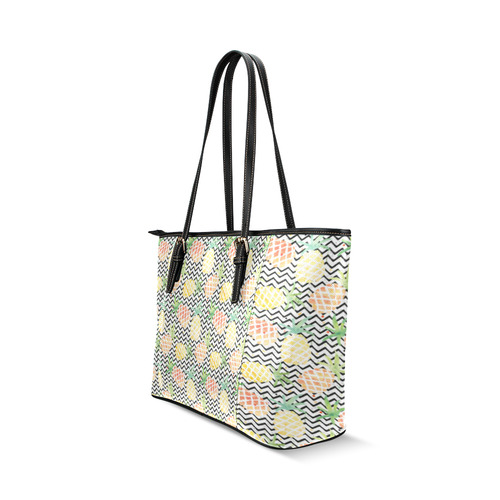 watercolor pineapple and chevron, pineapples Leather Tote Bag/Small (Model 1640)