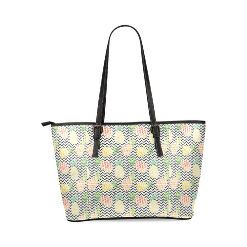 watercolor pineapple and chevron, pineapples Leather Tote Bag/Large (Model 1640)