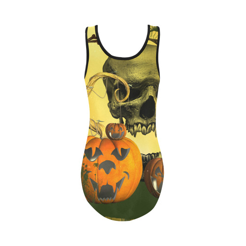 Halloween, funny pumpkins with skull Vest One Piece Swimsuit (Model S04)