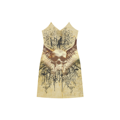 Amazing skull, wings and grunge V-Neck Open Fork Long Dress(Model D18)