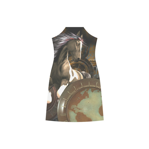 Steampunk, awesome horse with clocks and gears V-Neck Open Fork Long Dress(Model D18)