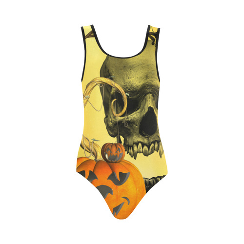 Halloween, funny pumpkins with skull Vest One Piece Swimsuit (Model S04)